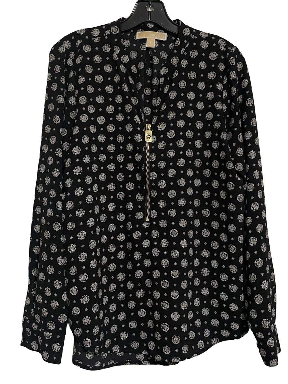 Michael Kors Black Long-Sleeve Zip-Front Printed Top - Picture 2 of 6